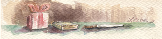 present, book, knife in watercolor by Leora Wenger