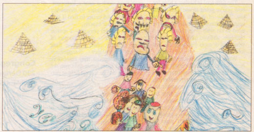 Leaving Egypt, drawing by my son, won Honorable Mention in 2006 Passover Art Contest