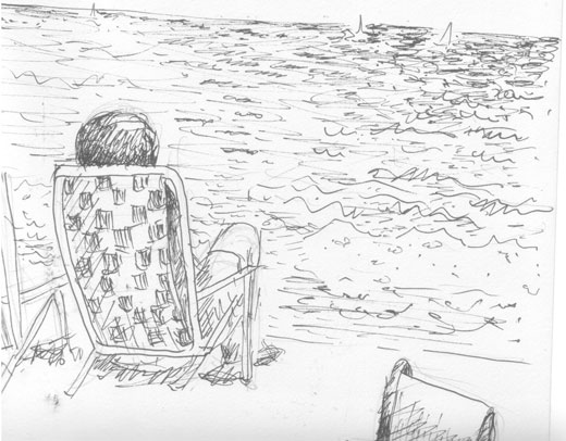 Lawn Chair at the Beach, ink pen on paper (before colorization)