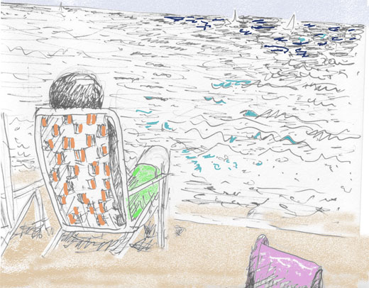 On the Lawn Chair at the Beach, colorized in Photoshop, ink pen drawing