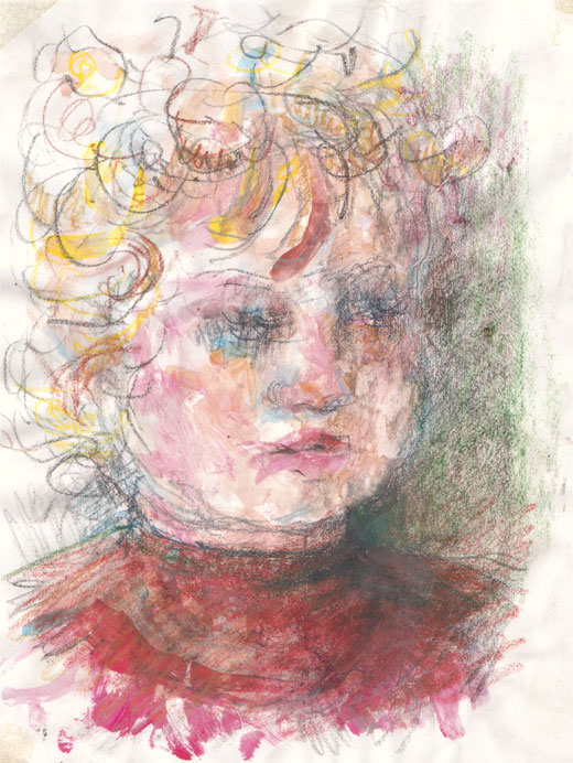 young girl age one in graphite, watercolor and crayons