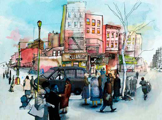 Lee Avenue in Brooklyn, illustration by Elke Reva Sudin