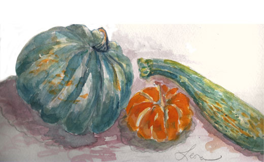 Three Squash, watercolor on paper