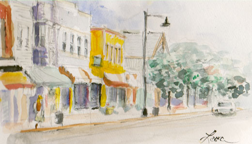 Raritan Avenue in Highland Park, New Jersey, watercolor 