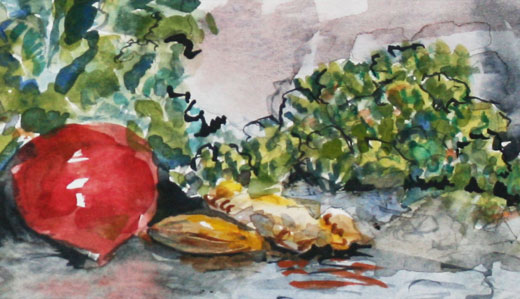 detail from radish kale watercolor painting