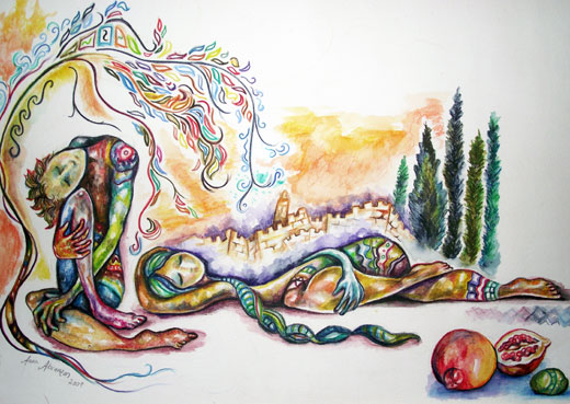 interpretation of Jerusalem with figures and pomegranate, painting by Anna Abramzon