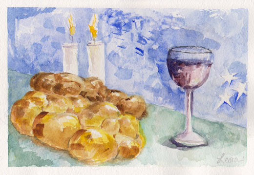 Shabbat watercolor with challot, candles, and kiddush cup