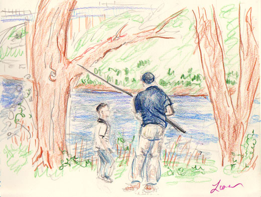 Boy and man fishing by the Raritan River, drawing in colored pencils 2013 by Leora Wenger