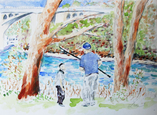 Fishing by Raritan River, watercolor painting by Leora Wenger 2013