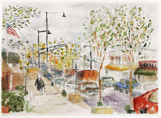 Highland Park NJ Traffic, watercolor painting by Leora Wenger