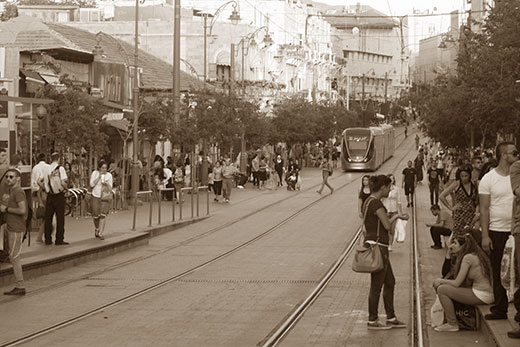 Jerusalem light rail in sepia