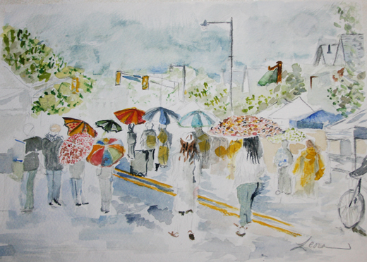 Umbrellas of Raritan Avenue, watercolor by Leora Wenger