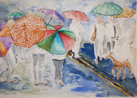 Umbrellas, watercolor on paper by Leora Wenger, 2013