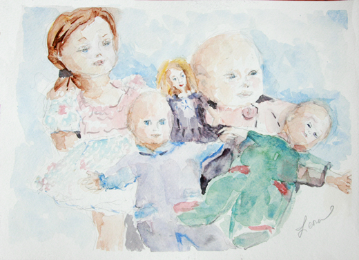 Baby dolls, barbie, American Girl doll watercolor painting by Leora