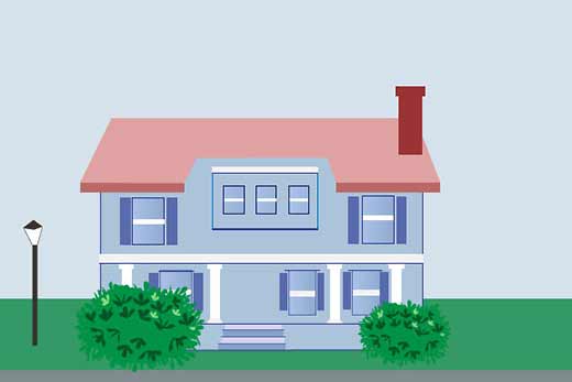 illustrated blue house with bushes