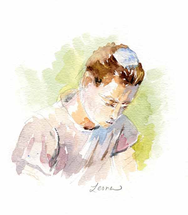 Portrait of a Young Man, watercolor on paper by Leora Wenger 2015 January