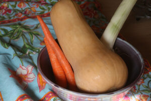 ingredients for Butternut Squash Carrot Soup - with a leek