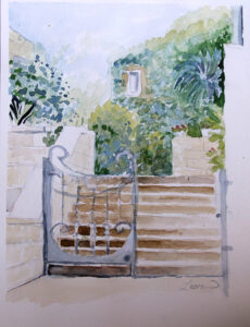 gate in Jerusalem neighborhood - watercolor