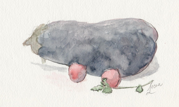 eggplant watercolor with radishes