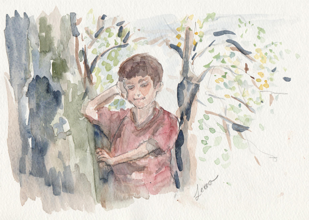 boy in tree watercolor 2019