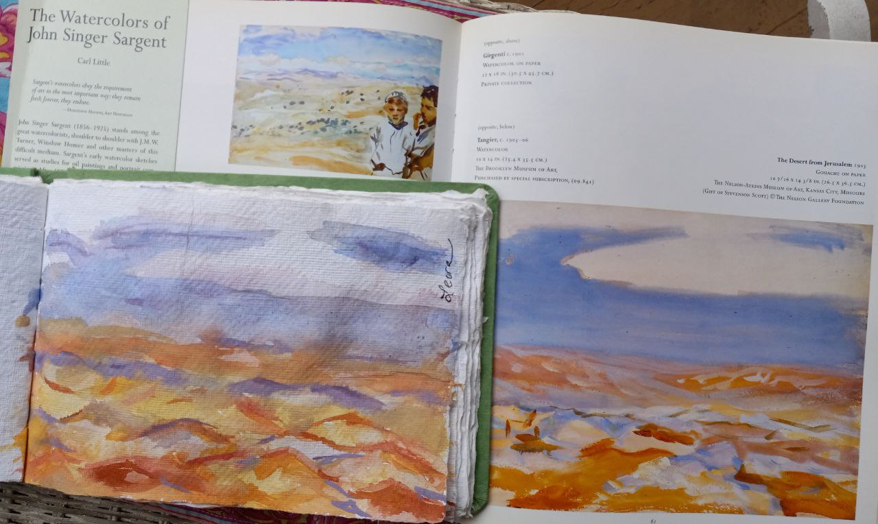 watercolor of Judean desert with John Singer Sargent painting as the teacher