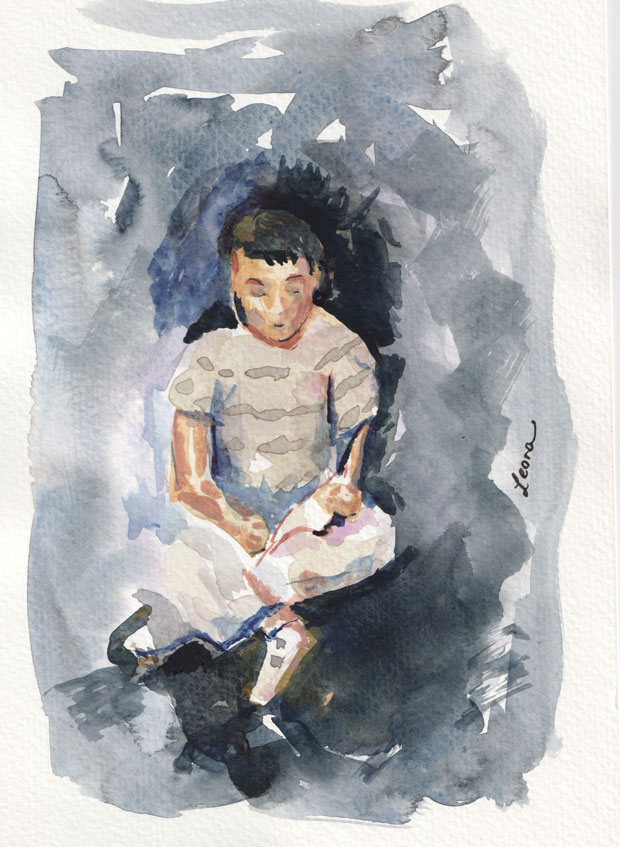 boy reading watercolor