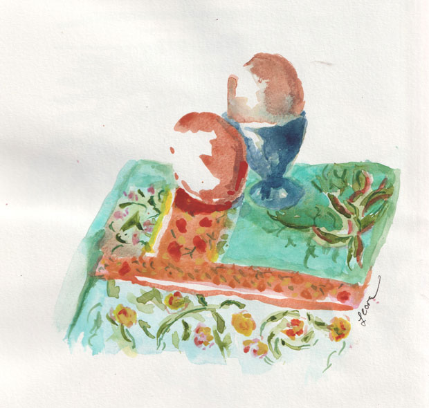 eggs on a colorful napkin cloth watercolor
