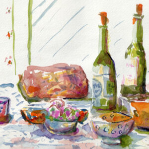 Shabbat table watercolor -- Shabbat Shalom!