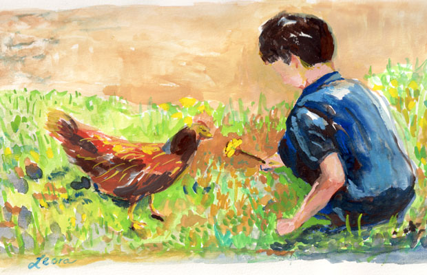 boy showing a flower to a chicken, gouache painting