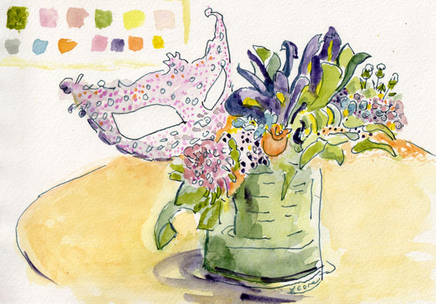 Bouquet with mask and flowers for Purim, watercolor