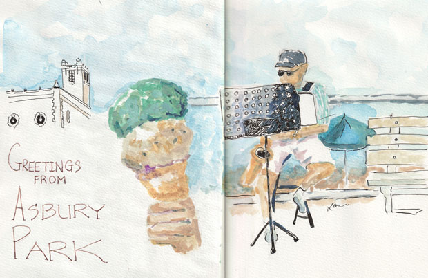 ice cream and musician on Asbury Park boardwalk, watercolor in a sketchbook