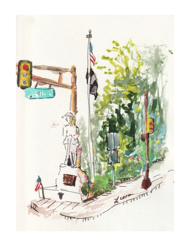 doughboy at the corner of Raritan and Woodbridge Avenues, Highland Park, New Jersey, watercolor