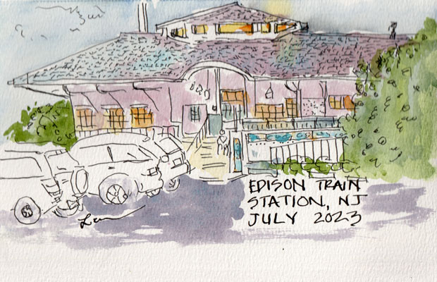 Edison Train Station, ink and watercolor