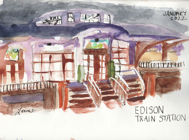 Edison train station at night, watercolor