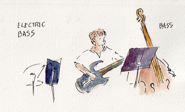 electric bass and bass at Imperial Music Center, watercolor and ink