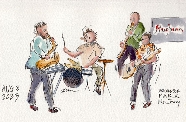 Rugburn in Concert, August 3, 2023, gouache, watercolor, and ink