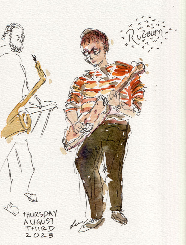 Guitar Player in Rugburn Band, Donaldson Park, August 3, 2023, watercolor and ink