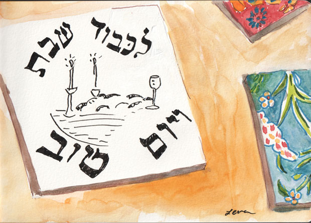 Shabbat tiles on a table