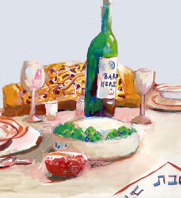 Shabbat table with wine, challah, and food