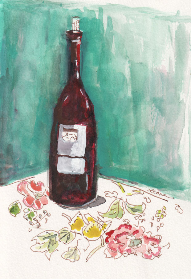 wine bottle on tablecloth, green background, watercolor on paper