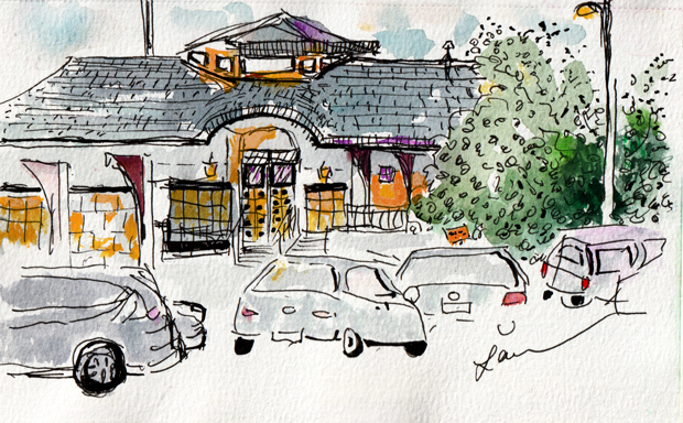 Edison train station, watercolor and ink