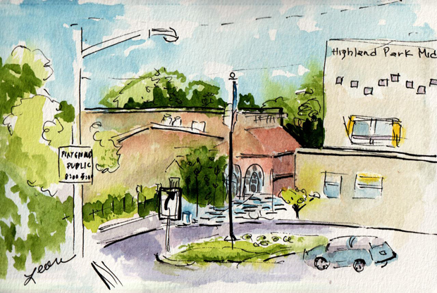 behind the high school middle school highland park new jersey ink and watercolor