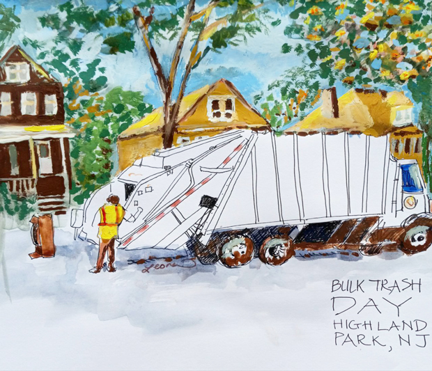 Bulk Trash Day in Highland Park, NJ, gouache, ink, and watercolor on paper