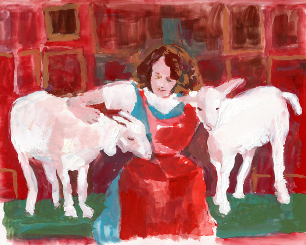 girl with goats at Frederick Farm Goat Rescue and Sanctuary, gouache on paper