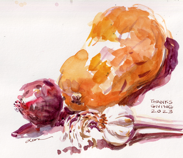 Butternut squash, red onion, garlic, Thanksgiving 2023, watercolor with ink on paper