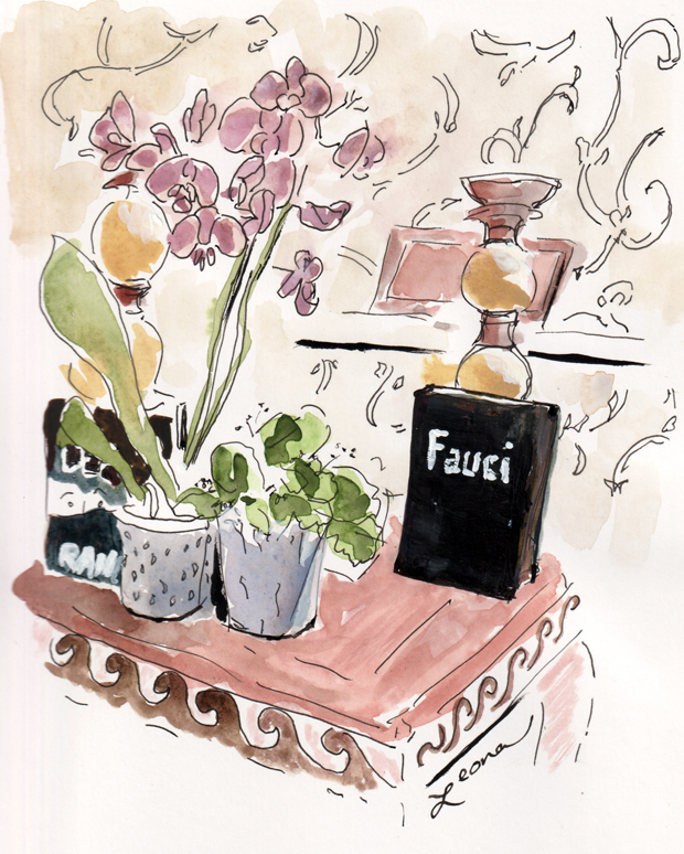 The Real Anthony Fauci by Robert F. Kennedy, Jr. and Deception by Rand Paul are featured in this ink and watercolor of a waiting room in New Jersey.
