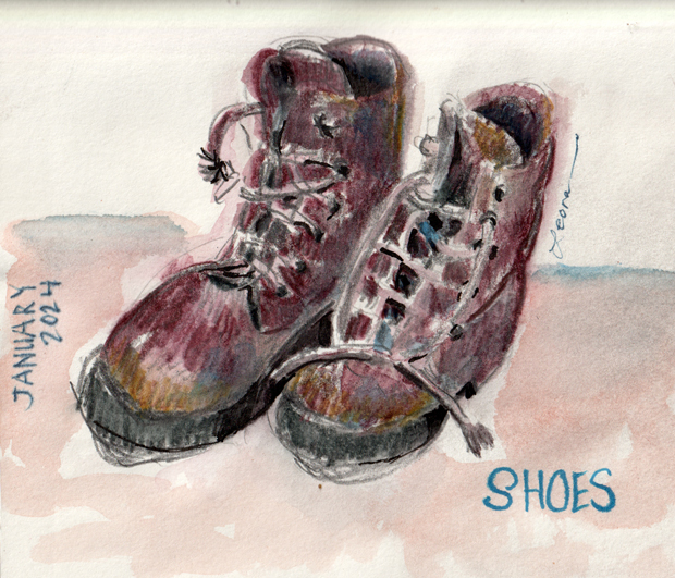 Boots, watercolor, Derwent Inktense colored pencils, ink on paper, in a sketchbook