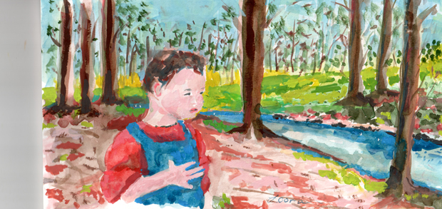 Boy by Stream and Trees, gouache and watercolor