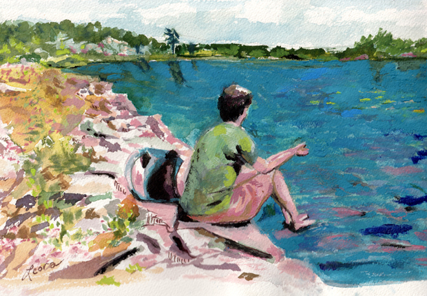 boy by the lake, watercolor and gouache