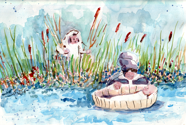 Miriam watches as her brother is discovered in the Nile, watercolor on paper